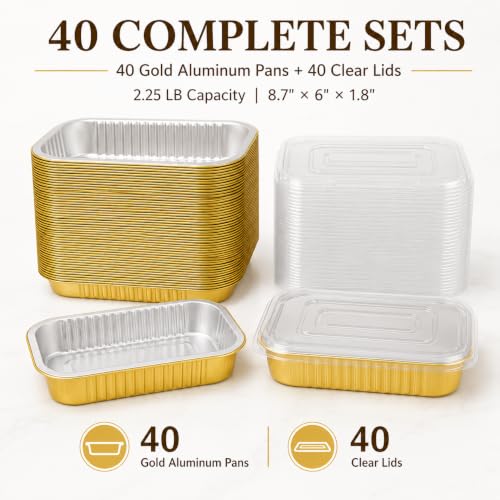 40 Pack 8.7"×6" Aluminum Pans with Lids Heavy Duty (40 Count)