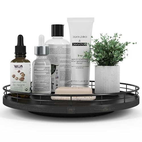 12 Inch Oak Lazy Susan Vanity Tray with Black Brush Gold Metal Rail