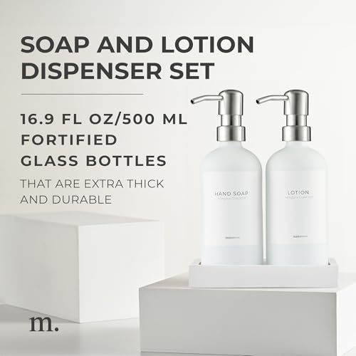 Soap and Lotion Dispenser Set (White Bottles Silver Pumps White Tray)