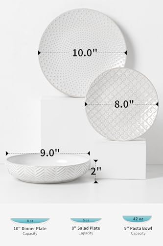 18 Piece Embossed Ceramic Dinnerware Set (White-Mixed Embossment / Service for 6-18Pcs (Pasta Bowl))