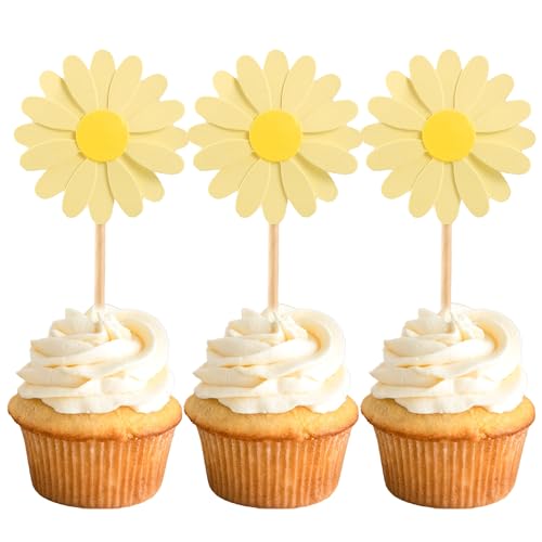 24Pcs Daisy Cupcake Toppers Daisy Flower Party Picks Spring Daisy Toothpicks Chrysanthemum Food Picks Girls Baby Shower Birthday Wedding Party Decorations Yellow (24 Count)