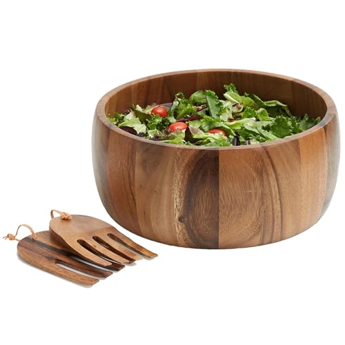 Woodard & Charles Acacia Wood Salad Bowl Set with Serving Hands (12" x 5" Bowl w/ Salad Hands-*Pack of 4*)