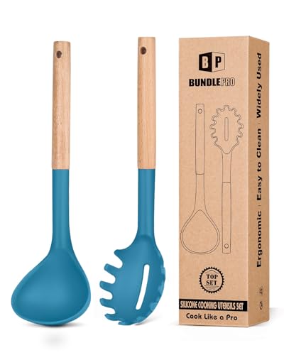 Silicone Soup Ladle and Pasta Spoon Set with Wooden Handle (2 Count)