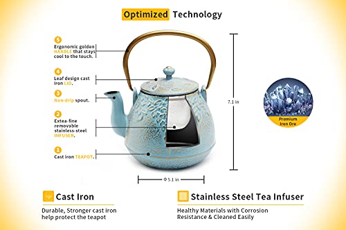 Japanese Cast Iron Tea Kettle with Stainless Steel Infuser (1 Quarts / Turquoise Blue)