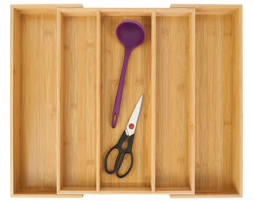 Bamboo Expandable Kitchen Drawer Organizer Silverware Utensil Tray (Natural / Large)