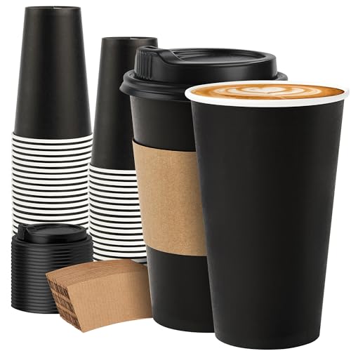 50 Pack 16 oz Disposable Coffee Cups with Lids and Sleeves (Black / 16 oz)