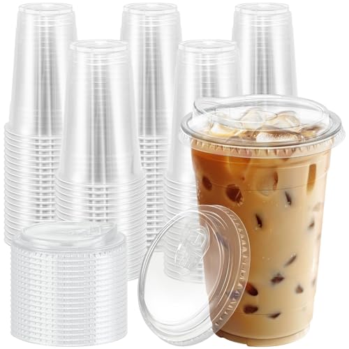 100 Pack 20 oz Clear Plastic Cups with Sip Lids (20oz-100Pack)