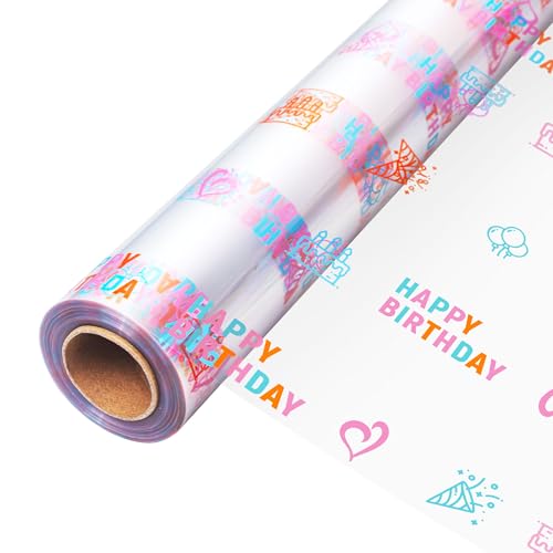 Happy Birthday Cellophane Wrap Roll (Birthday 35in Wide x 100ft Long)