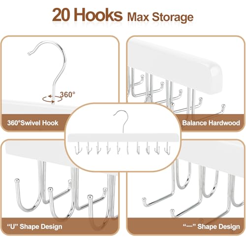 20 Hooks 2 in 1 Belt Tie Hanger for Closet Max 30 Belts with 30 Ties Capacity (White)