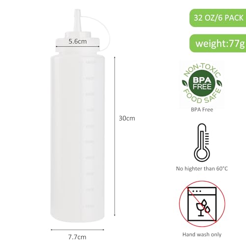 6 Pack 32 oz 1000 ml Plastic Squeeze Bottles with Cap Lids ((4) 32 oz(6pack) Standard Cap)