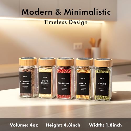 Glass Spice Jars with Label (36x Bamboo Jars Black Stickers)