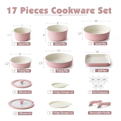 17 Piece Ceramic Detachable Handle Pots and Pans Set Pink (Pink / 17 Piece)