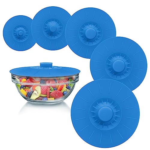 Silicone Bowl Lids Blue Set of 5 Reusable Suction Seal Covers for Bowls (5 Piece / Blue Translucent)