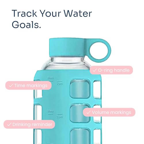 40oz / 32oz / 22oz / 12oz Borosilicate Glass Water Bottle with Time & Volume Markers, Silicone Sleeve, Stainless Steel Lid | Reusable Glass Bottle for Water & Juice (32oz Aqua Blue) (Aqua Blue (1 Count) / 32 Ounces)