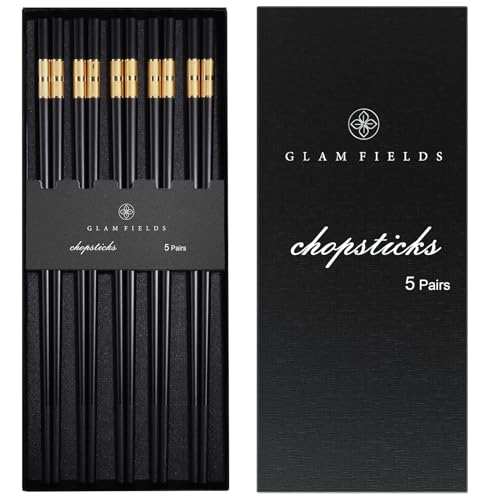 5 Pairs Premium Chopsticks Reusable Dishwasher Safe 9.5 Inch Fiberglass Chop Sticks Gift Set Non Slip Black+Gold (Black + Gold)