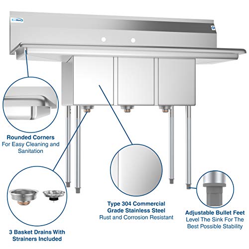 SC101410 12B3 3 Compartment Stainless Steel NSF Commercial Kitchen Sink with Right and Left Drainboards (2 Drainboards)