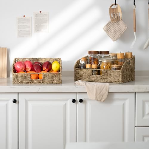 Pantry Baskets for Organizing (Natural(Seagrass) / 15¾"L x 11"W x 7½"H + 14¼"L x 9¾"W x 6¾"H)