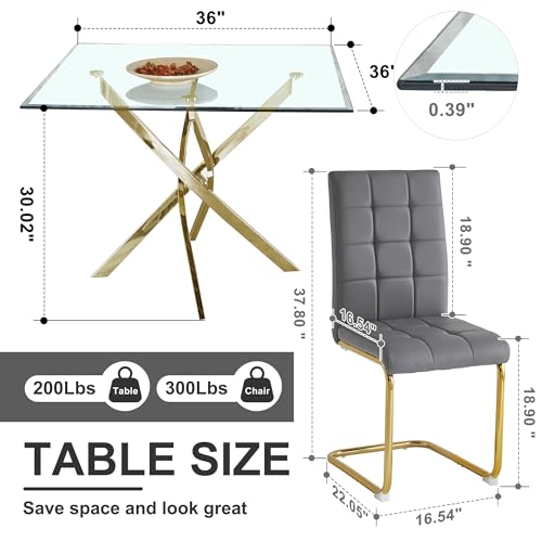 5 Piece Square Glass Dining Table Set (Square Table - 4 Gold Grey Chairs)