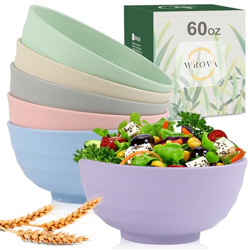 Wheat Straw Bowls Set 60 OZ Unbreakable Large Cereal Bowls Set of 6 Microwave and Dishwasher Safe Bowls Big Bowls for Dorm and Apartment BPA Free Soup Bowl for Serving Oatmeal and Salad Etc… (60 oz / Pink,Blue,Green,Beige,Purple,Grey)