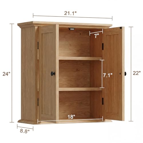 Bathroom Wall Cabinet with 2 Doors (Natural / 8.8"D x 21.1"W x 24"H)
