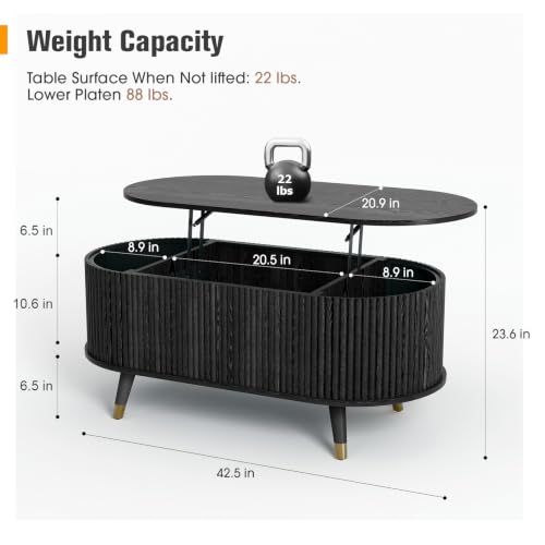 Oval Lift Top Coffee Table with Storage for Living Room (Matte Black)