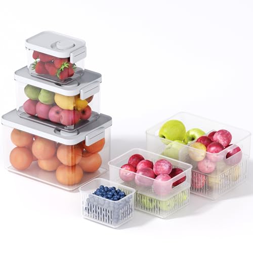 6 Pack Large Fruit Storage Containers for Fridge with Timing Knob (S+M+L-6 Pack)