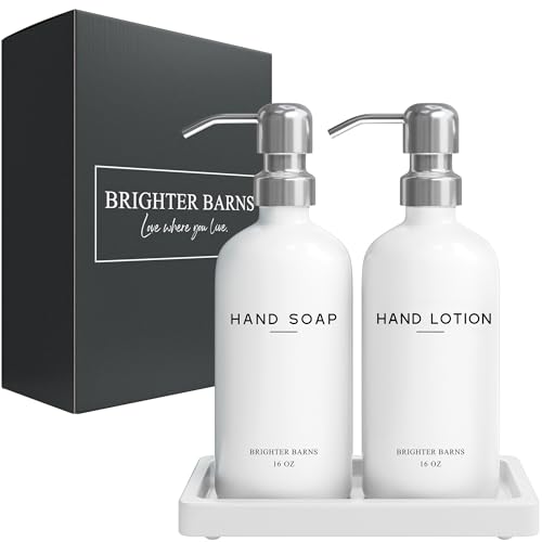 White Glass Soap and Lotion Dispenser Set by Brighter Barns (White/Silver Sl)