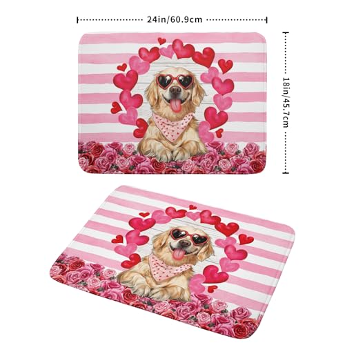 Valentine's Day Dog Dish Drying Mat for Kitchen Counter 18x24 inch Heart Rose Absorbent Dish Drainer Rack Mats for Coffee Bar Countertop (Heart Rose Dog / 24" x 18")