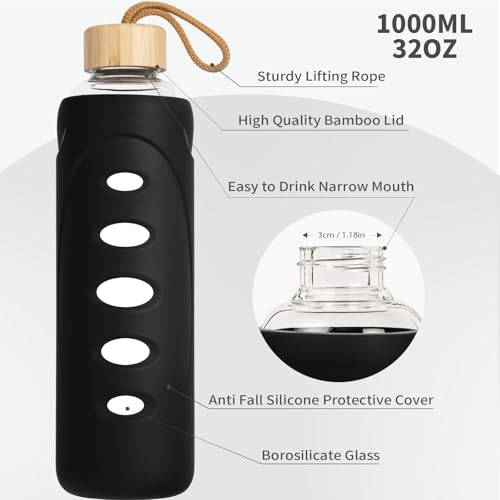 32 oz Narrow Mouth Glass Water Bottle with Windowed Silicone Sleeve (Black)