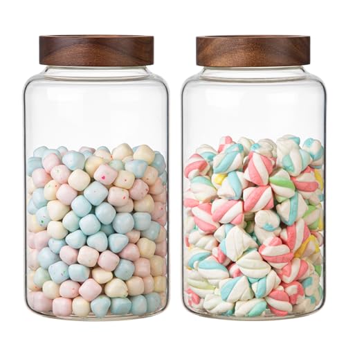 Large Glass Coffee Jars Round Storage Canister with Wooden Lid Clear Glass Food Jar for Pantry Sugar Tea Coffee Bean Spice Nuts Cookies Bath Salts (2300ml/77oz-2PACK)