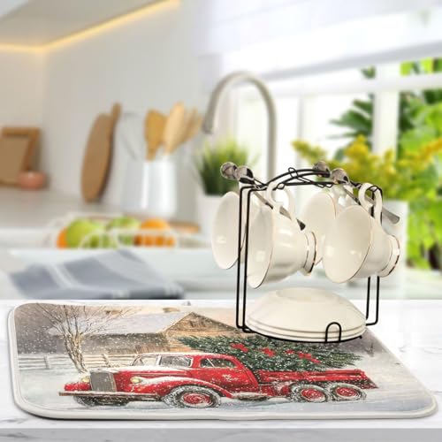 Red Christmas Truck Dish Drying Mat for Kitchen Counter Absorbent Microfiber Drying Pad