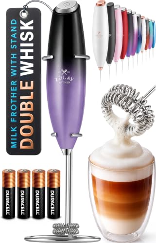 Powerful Milk Frother Wand With Duracell Batteries (Black Purple / Double Whisk + Batteries)