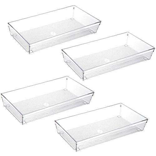 4 Pack 12"x 6" Large Size Clear Plastic Desk Drawer Organizer Tray Bathroom Office Kitchen Utensils Silverware Gadgets Dividers Desk Drawer Storage Bins Container for Dresser Cosmetic Makeup (12 in x 6 in x 2 in)