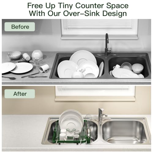 Green Expandable Dish Drying Rack Over The Sink with Anti Slip Grip (Green / For 13-30" W Sink)