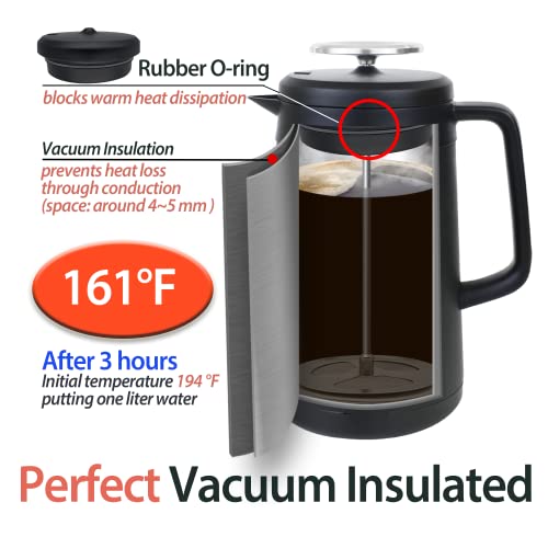 34oz Double Vacuum Insulation Large Silicone French Press Coffee Maker (Light Gold)