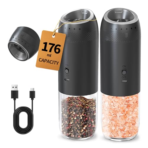 Gravity Electric Salt and Pepper Grinder Set Rechargeable Automatic Pepper Mills with External Adjustable Coarseness (Rechargeable / Plus Black Set)