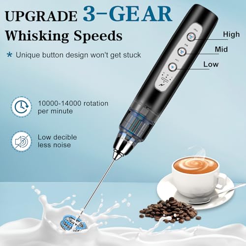 Milk Frother Wand Rechargeable Handheld Whisk Coffee 3 Speed Adjustable (Frother with stand / Black)