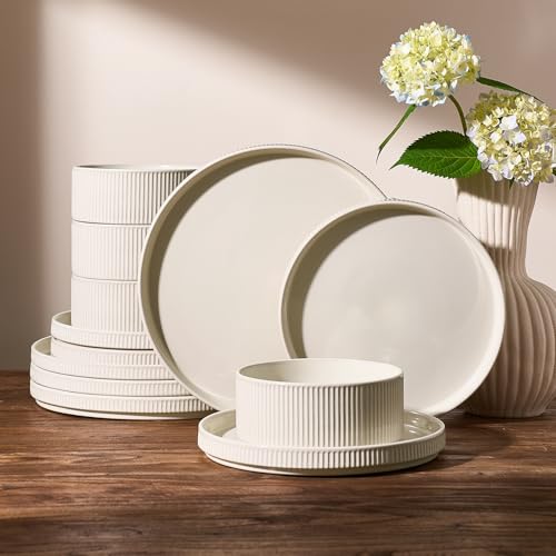 Ceramic Plates and Bowls Set (Oat White / Service for 4)