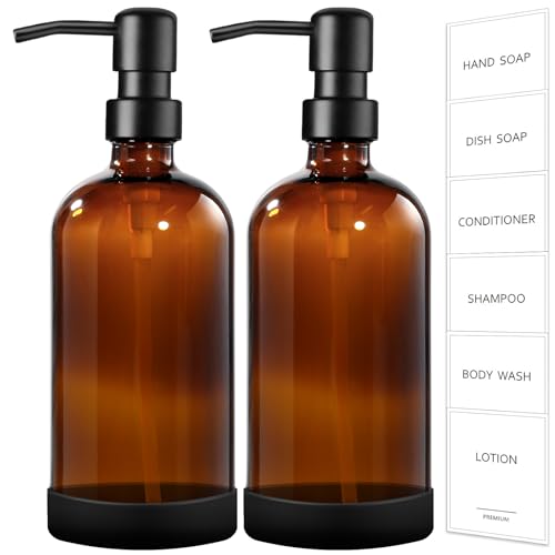 Amber Glass Soap Dispenser with Silicone Sleeve Boot (Amber Bottle + Black Pump + Silicone Boot / 2 Pack)