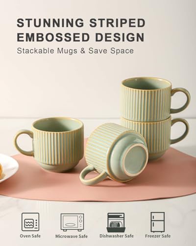 Ceramic Coffee Mugs Set of 4 with Rack (Green Earth / 15 Ounces)