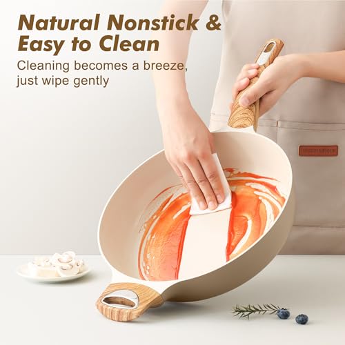 Ceramic Nonstick Frying Pan Skillet with Lid (6QT / 13.3IN / Ceramic Taupe)