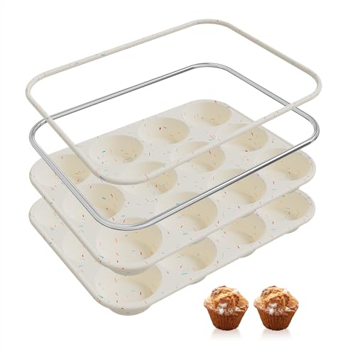 2 Pack 12 Cups Silicone Muffin Pan with Metal Reinforced Frame Regular Size Silicone Molds Cupcake Cake Baking Pans Cookie Baking Chocoflan Cupcake Mold Nonstick Muffin Tin Home Baking Supplies (2pc: 12-Cup Regular / Cream)