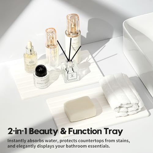 2PCS Water Absorbing Stone Drying Tray Mat for Bathroom Sink & Kitchen Counter Organizer (2 Pack - Natural White / 10"x 6")