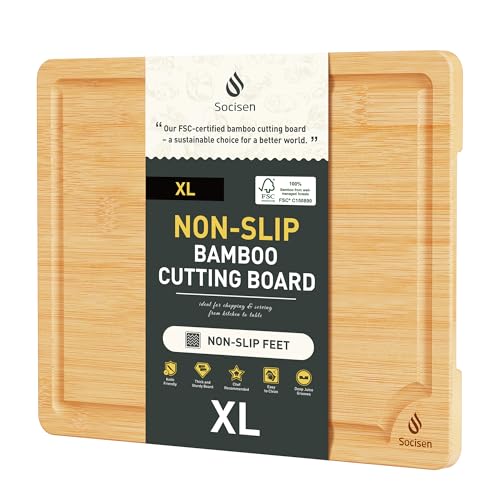 Extra Large Bamboo Board Charcuterie Non Slip Feet Over Sink Wooden Cutting Chopping Board Butcher Block Nice Solid Thick Juice Groove Big Xl XXl xlarge Hardwood Kitchen Counter Organic Meat BBQ Kit (1 Pack / Natural)