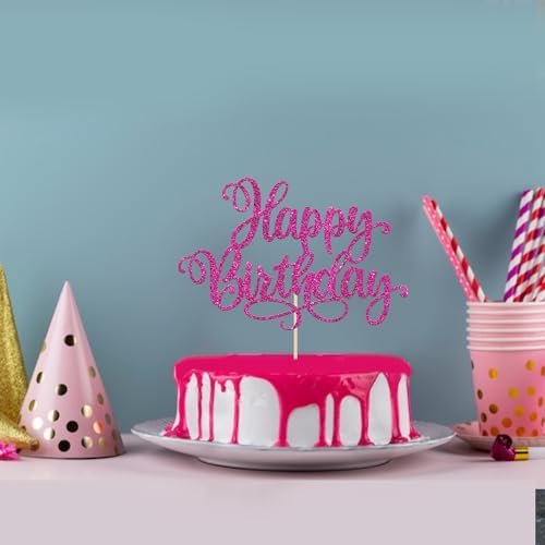 1 PCS Happy Birthday Cake Topper Glitter Happy Birthday Cake Pick for Celebrating Happy Anniversary Party Cake Decorations Supplies Rose Red (Design 2 Rose Red)