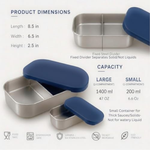 Flexibento Leak proof Stainless Steel Lunch Box Containers with Silicone Lids (ZA-Navy-47OZ-SetOf2)