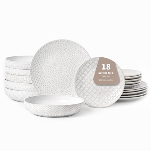 18 Piece Embossed Ceramic Dinnerware Set (White-Mixed Embossment / Service for 6-18Pcs (Pasta Bowl))