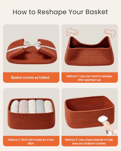 Small Woven Storage Basket for Organizing (Rust Red / 13.5"L x 9.5"W x 5"H)