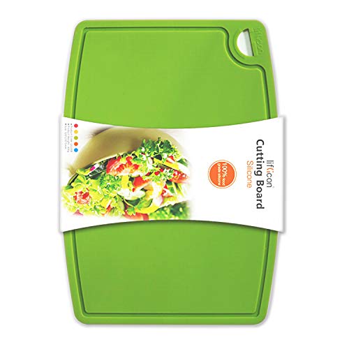 Thick Silicone Cutting Board 12.6'' x 9.1'' Juice Grooves Easy Grip Handle Dishwasher Safe (12.6"L x 9.1"W / Green)