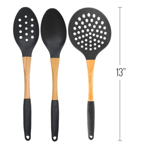 3pc Grey Nylon Cooking Spoons Kitchen Utensils Set with Wooden Handle High Heat Resistance (Gray / 3 Piece Set)